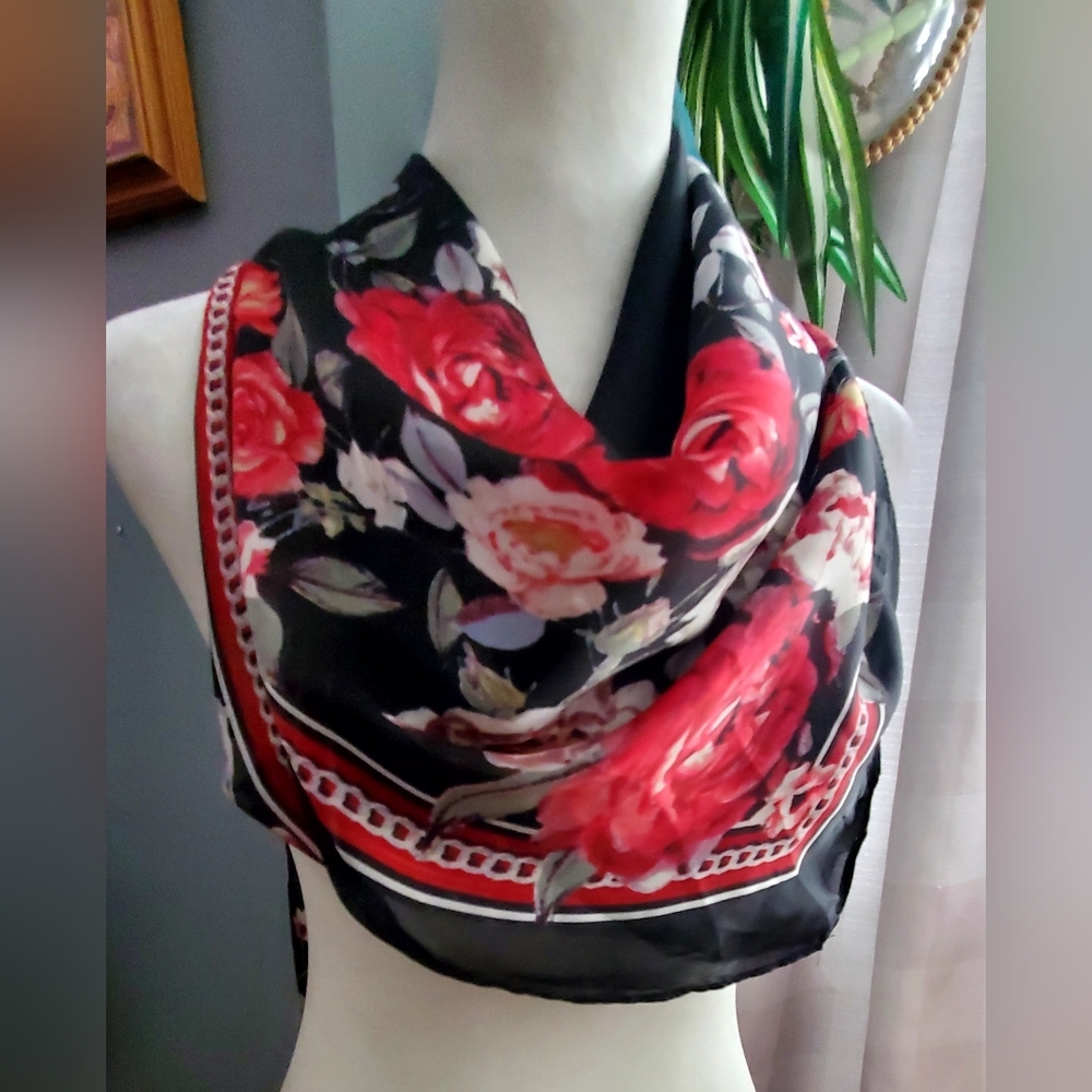 Dana Buchman Black and Red Rose Scarf